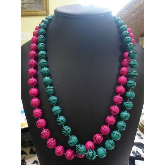 A Pair of Vintage Enamel Painted Necklaces Black Swirl & Teal or Pink Beads - Picture 1 of 4